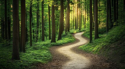 Fototapeta premium Serene Curving Path Through Lush Green Forest, Morning Light Filtering Through Trees, Inviting Nature Trail for Hiking and Exploration