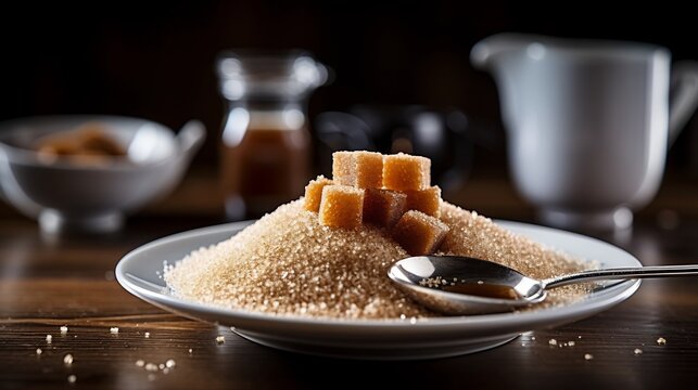 Close up of a heap of brown sugar spilling out onto a white ceramic plate with a teaspoon nearby showcasing the sweet organic texture and minimalist still life composition