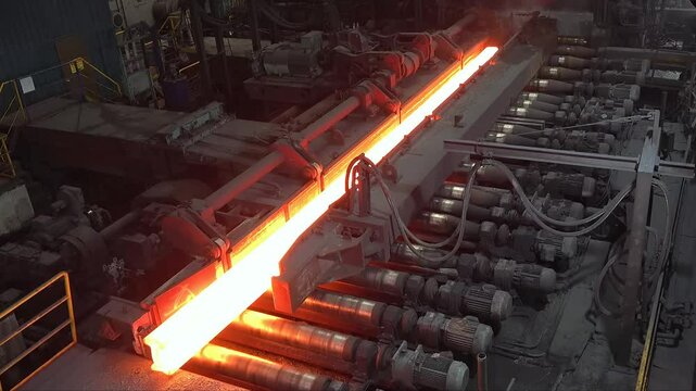 Witness the intense process of hot steel billets being transported on a conveyor in a steel mill. The glowing metal highlights the industrial operation.