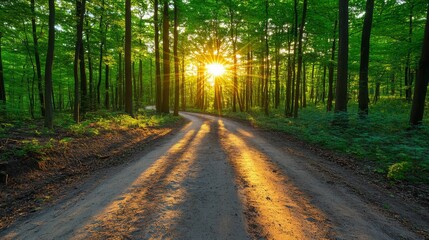 Obraz premium Serene Pathway Through Lush Green Forest at Sunrise with Bright Sunlight Filtering Through Trees and Dramatic Shadow Play on the Ground
