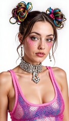 Obraz premium Woman with colorful hair accessories in pink top on white background