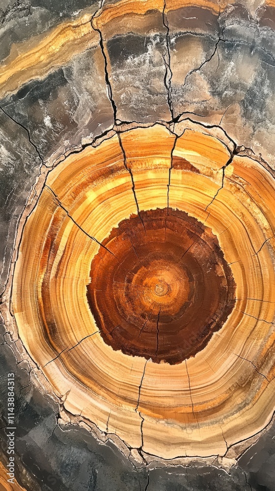 Poster Detailed view of a split log highlighting each growth ring showcasing natural patterns and colors