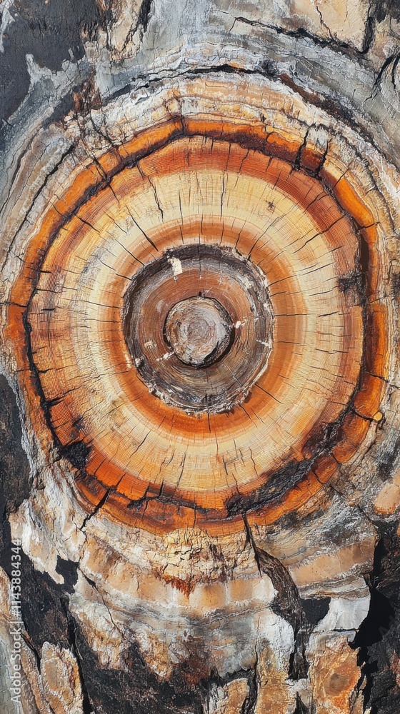 Poster Close view of a cross-section of a split log showcasing intricate growth rings and natural patterns