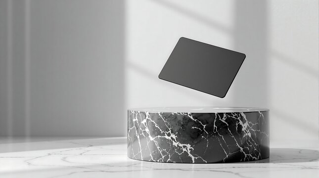 A sleek black card hovering above a black marble platform with a minimalist white background