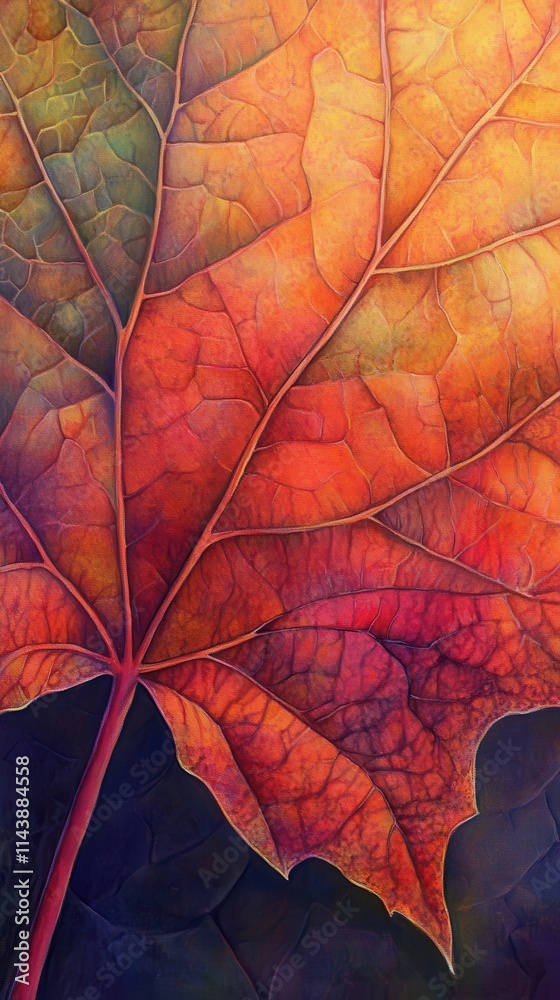 Poster close-up view of a vibrant maple leaf showcasing autumn colors and intricate details in natural ligh