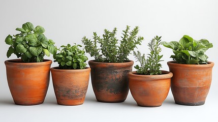 Fototapeta premium High Resolution Image of Handcrafted Clay Pots with Fresh Herb Plants Ready for Gardening and Culinary Use on a Clean Background