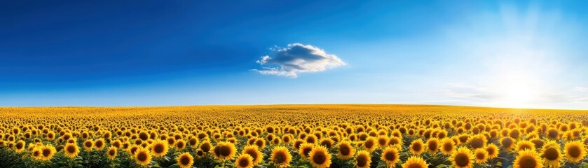 Fototapeta premium A vibrant sunflower field under a clear blue sky, illuminated by sunlight, creating a picturesque and cheerful landscape.