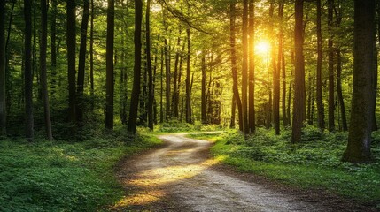 Fototapeta premium Scenic Pathway Through Lush Green Forest at Sunrise Illuminating the Tranquil Wilderness with Golden Rays of Morning Light for Nature Lovers and Outdoor Enthusiasts
