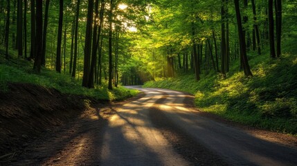 Naklejka premium Serene Sunlit Forest Road Surrounded by Lush Green Trees and Gentle Shadows Creating a Tranquil Scene for Nature Lovers and Outdoor Enthusiasts