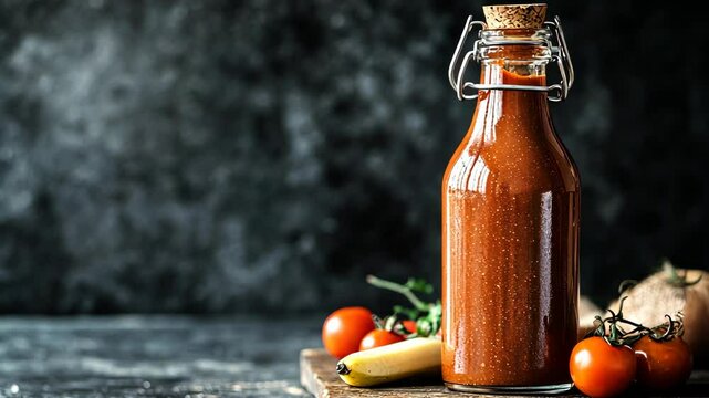 Homemade tomato sauce displayed in a glass bottle surrounded by fresh vegetables on a rustic wooden board