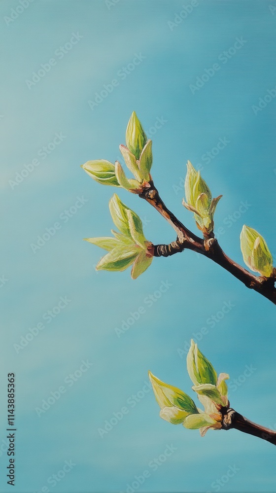 Aufkleber spring buds begin to bloom on a tree branch against a clear blue sky
