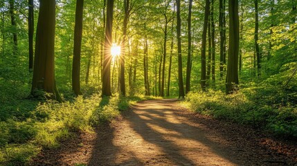 Fototapeta premium Beautiful Sunlight Filtering Through Lush Green Trees in a Serene Forest Pathway Surrounded by Nature's Tranquility and Vibrant Plant Life