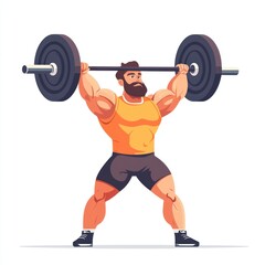 Fototapeta premium Strong Man Lifting Barbell with Determination in a Bright and Energetic Cartoon Style Illustration Emphasizing Fitness and Strength Training