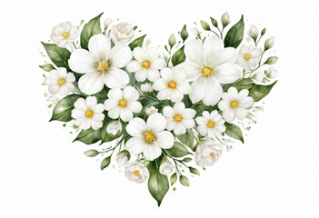 drawing of white flowers in the shape of a heart isolated on a white background