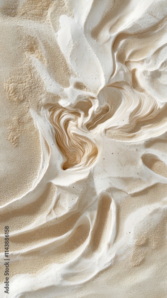 Poster swirling sand patterns create intricate designs along the beach during low tide in a coastal landsca