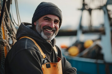 Professional industrial nordic fisherman or sailor on the ship in the fishing harbor. Happy smiling male fisher in scandinavian port. Commercial fishing concept