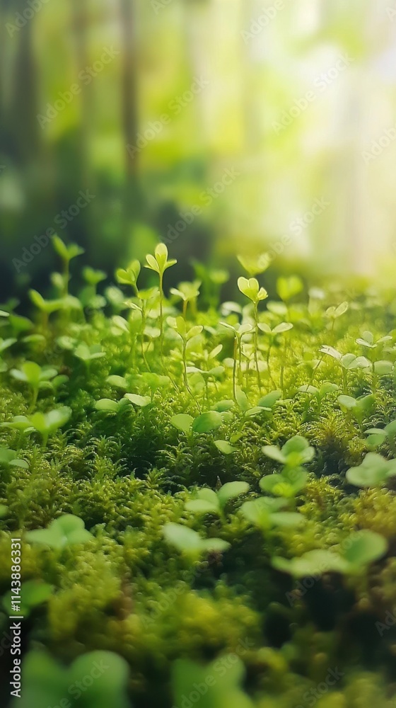 Poster Close-up of vibrant spring moss displaying tiny buds in a lush forest environment during the early morning light