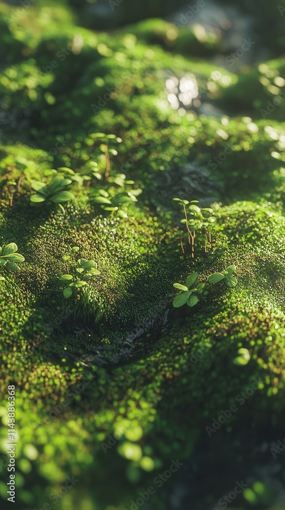 Aufkleber spring moss close-up showcasing tiny buds in vibrant green textures across a forest floor in early m