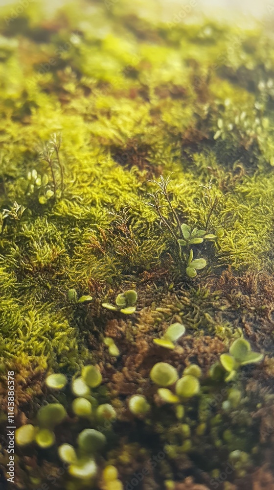 Poster Close-up of vibrant spring moss with tiny buds emerging under soft sunlight in a lush forest setting