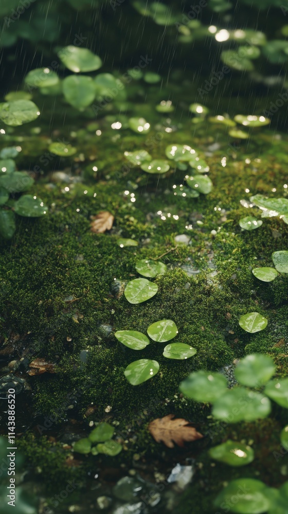 Poster close-up view of rain-soaked moss adorned with droplets in a lush forest