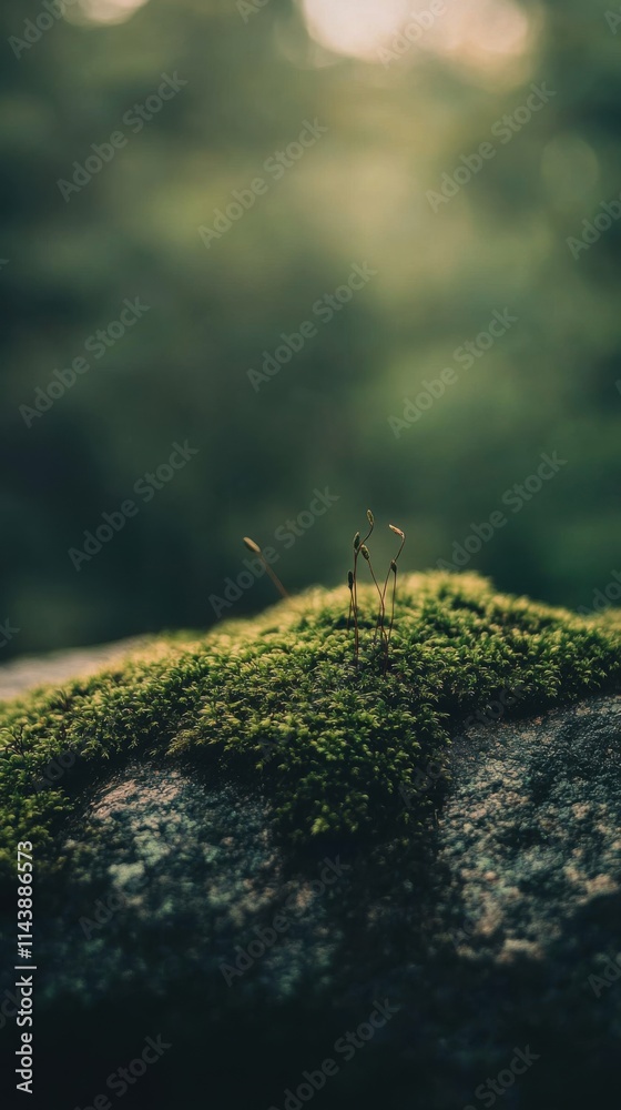 Poster close-up view of vibrant green moss thriving on a rock during daylight in a natural setting