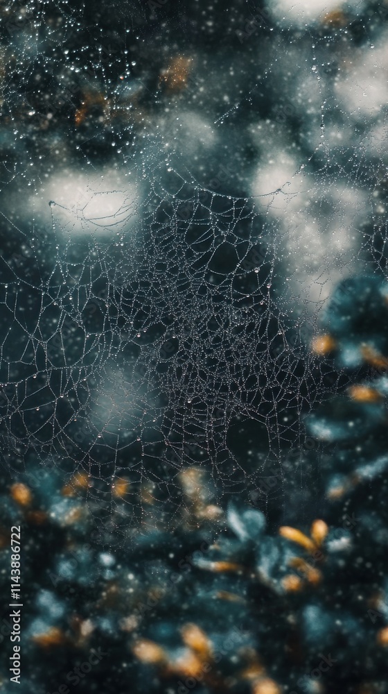 Poster intricate spiderweb glistens with raindrops in a forest setting during early morning