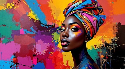 A vibrant portrait of a woman with colorful abstract patterns on her face and a bright patterned headwrap, set against a dynamic, splattered background