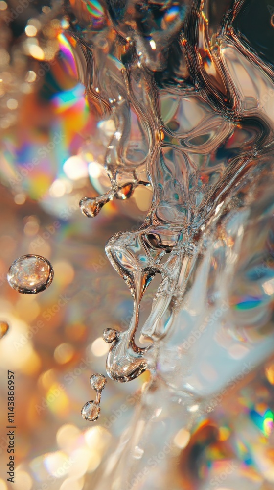 Aufkleber dripping water creates bubbles with reflections in a colorful environment during daytime