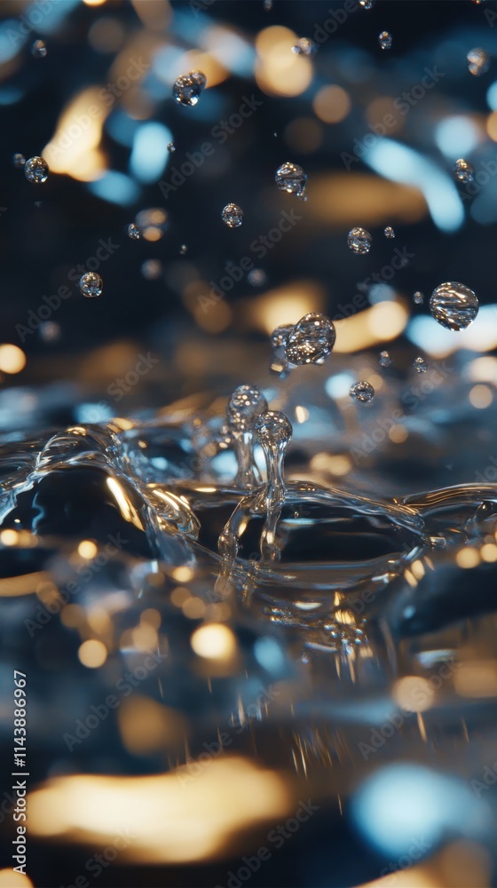 Poster Close-up of dripping water with tiny bubbles rising in a serene setting