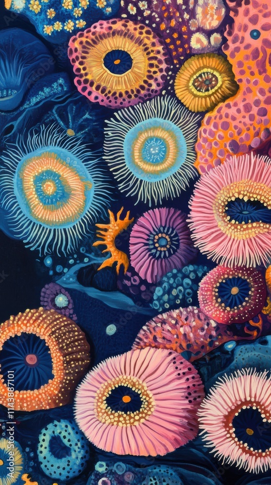 Poster Close-up view of colorful coral polyps revealing their intricate structures and vibrant colors in a stunning underwater environment
