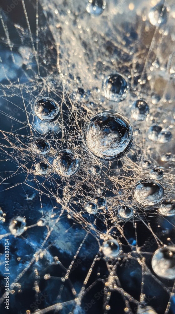 Poster close-up view of dew drops reflecting light on intricate spider web strands in early morning