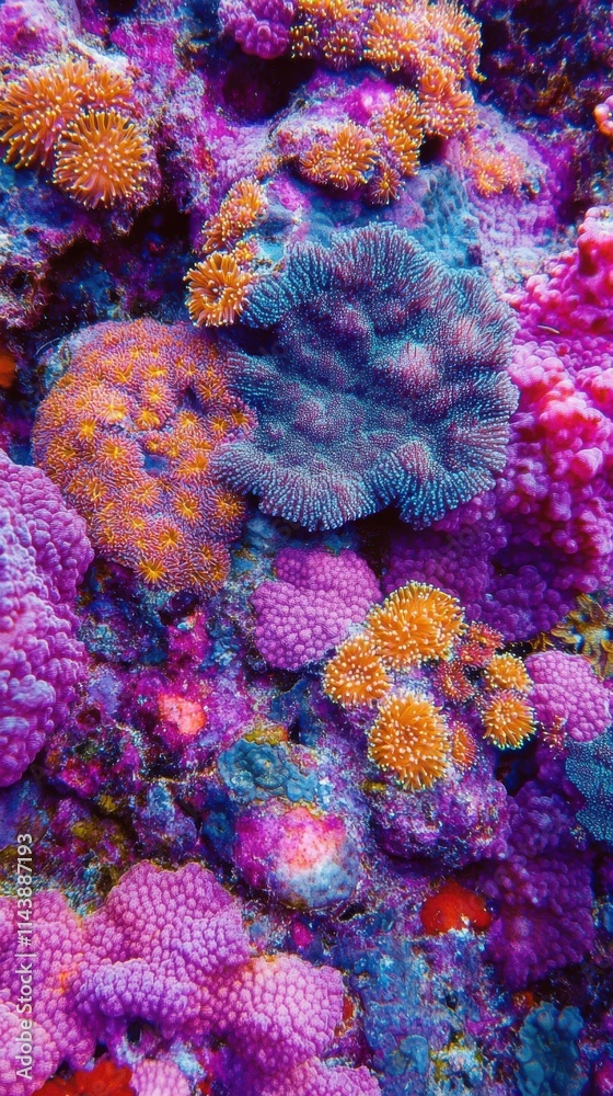 Aufkleber Vibrant close-up view of coral polyps displaying stunning colors and intricate structures in a reef ecosystem