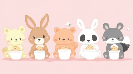 Naklejka premium Cute animals eating cookies from bowls.