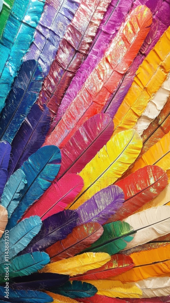 Poster colorful feathers arranged artfully in a vibrant display showcasing a variety of hues and textures