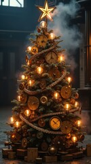 Steampunk Christmas Tree with Brass Gears and Clockwork Ornaments