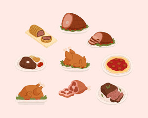 Set of hand drawn winter holiday meat dishes