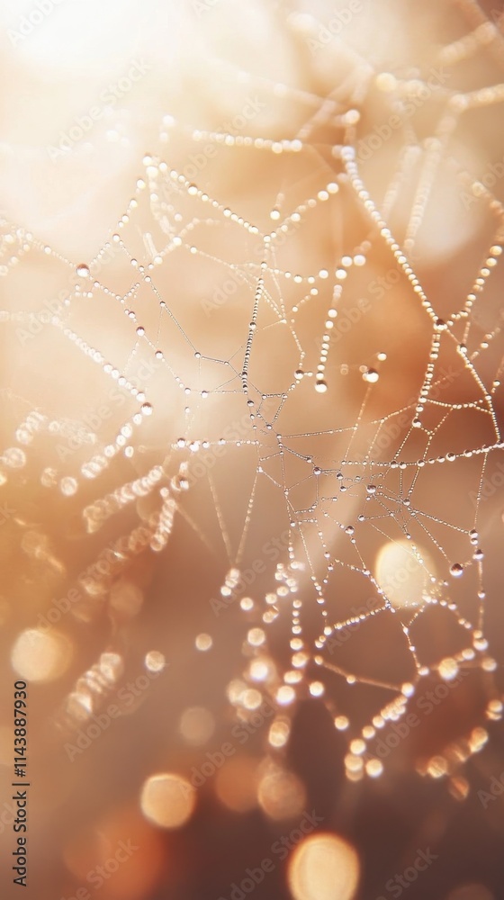 Poster close-up view of an intricate spider web adorned with shimmering dewdrops in the early morning light