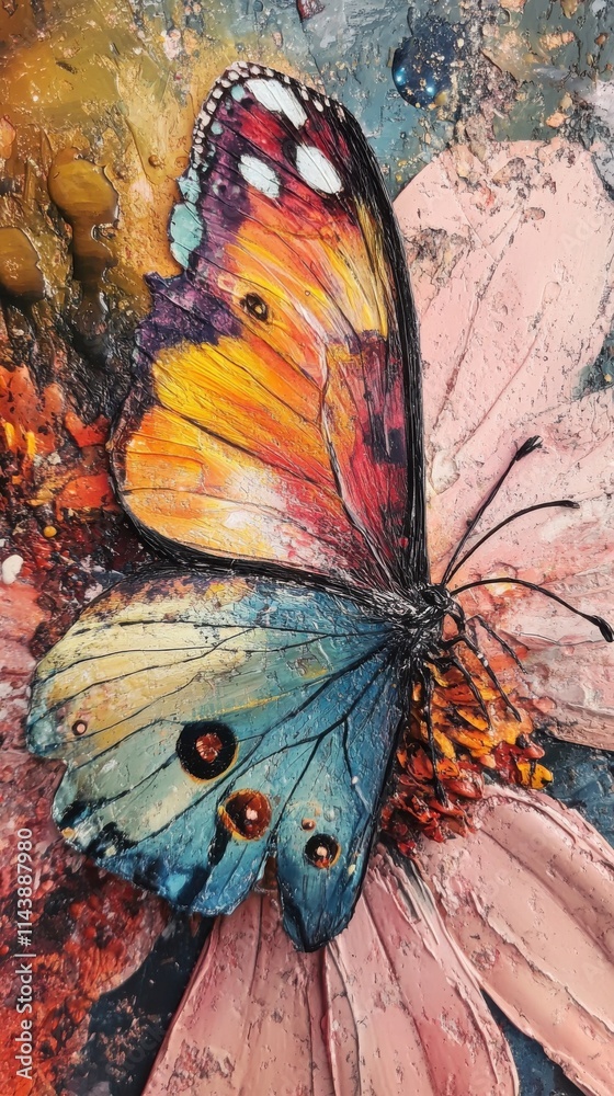 Poster close-up view of a vibrant summer butterfly resting on a colorful flower in a natural setting