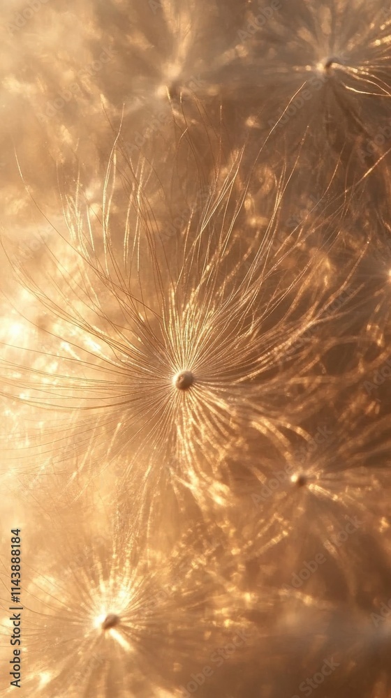 Poster close-up of a delicate dandelion puff illuminated by soft sunlight, showcasing intricate details of 