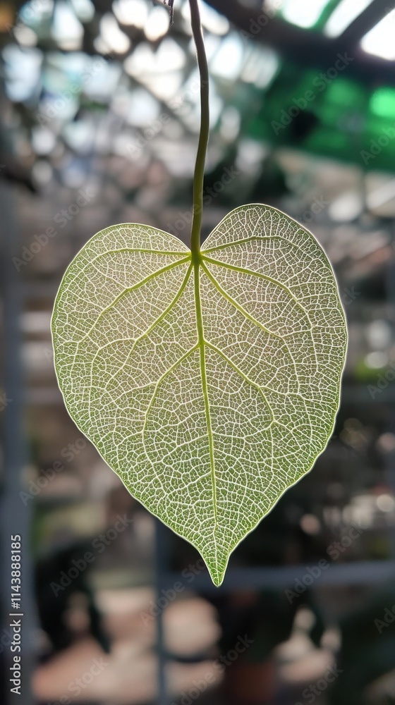 Aufkleber Close-up view of a leaf displaying intricate vein patterns captured in a greenhouse setting