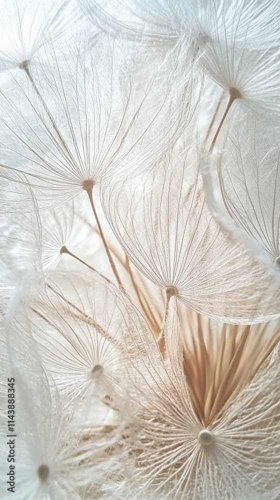 Poster Close-up view of delicate dandelion puffs with intricate details and soft background, capturing nature's beauty in springtime