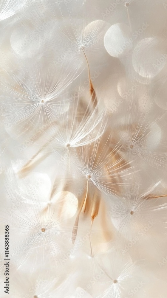Poster Close-up view of dandelion puff showcasing delicate seeds against a soft background with light reflections