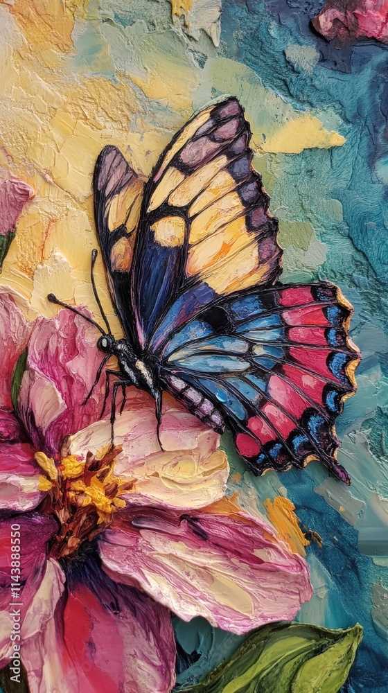 Poster close-up view of a butterfly resting on a vibrant spring flower with colorful petals