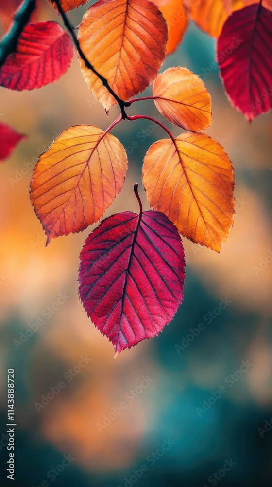 Poster vibrant autumn leaves display a spectrum of red and orange hues against a blurred background in late