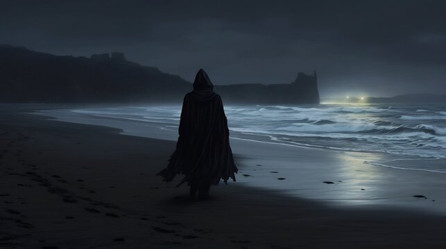 A ghostly silhouette of an unknown figure stalking along a darkened moonlit beach at night creating an eerie and supernatural atmosphere