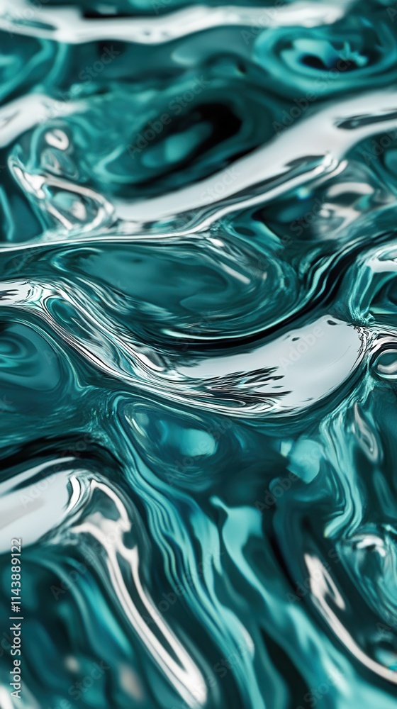 Poster Swirling water currents create an abstract pattern of movement and light in mesmerizing shades of teal and silver