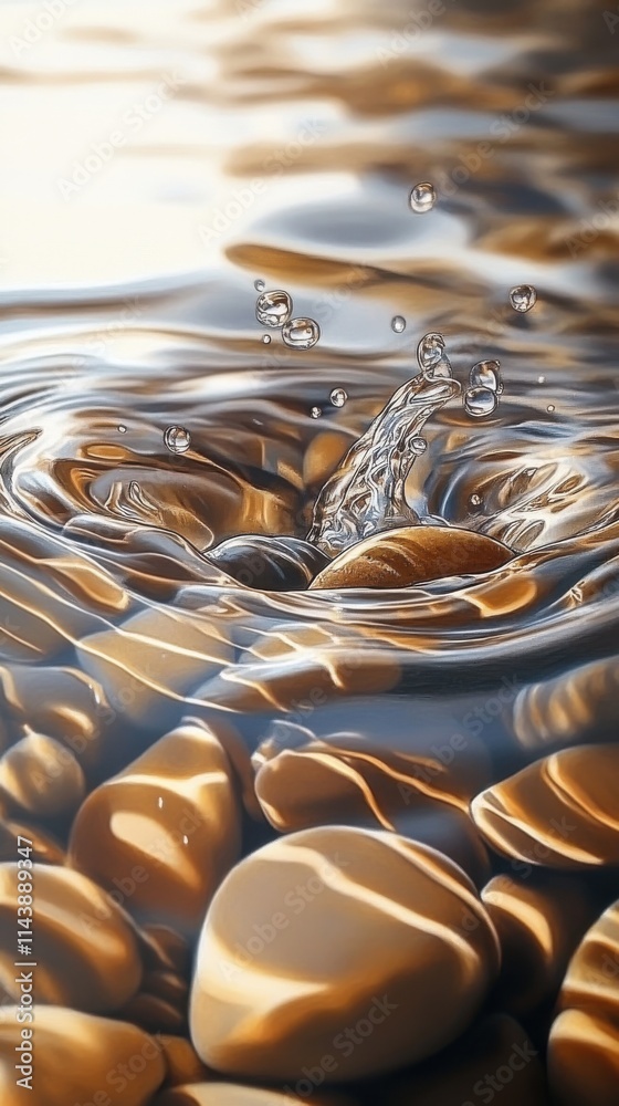 Poster gentle water flow creating ripples over smooth, polished pebbles in a tranquil river setting