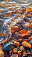 Naklejka premium Flowing water cascades over smooth pebbles revealing vibrant colors during a serene sunset at the riverbank