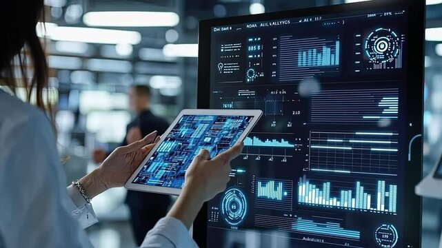 Data Analyst at Work: Woman reviewing data on tablet and large screen. Futuristic workspace. 