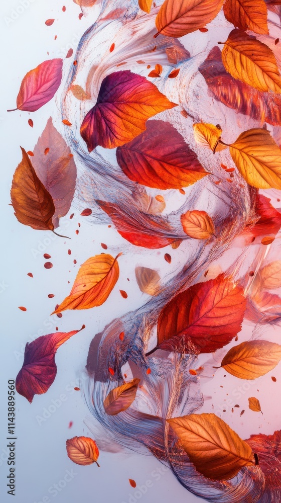 Poster swirling autumn leaves create a vibrant display of color and motion in a seasonal dance
